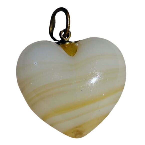 70s Vintage Heart Yellow White Marbled Agate Feels Like Glass Pendant Charm - Picture 3 of 3